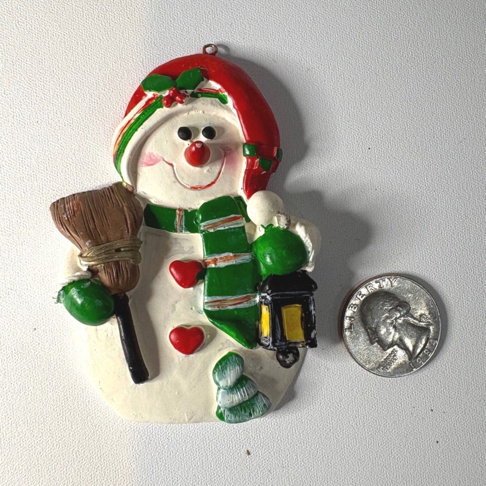 Vintage Resin Snowman Christmas Ornament Red Hat Green Scarf Broom Lantern 3"